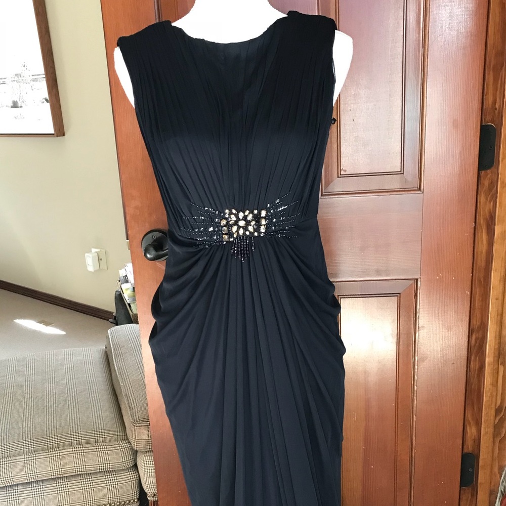 Adrianna Papell ink navy tulle long floor gown
